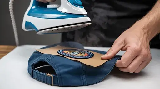 Ironing-a-navy-blue-baseball-cap-with-a-brown-paper-sheet-and-circular-patch-on-it.