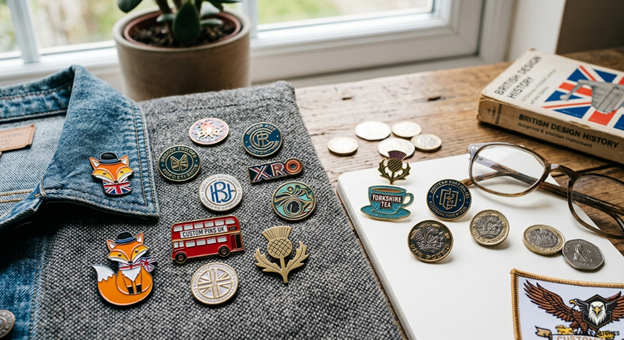 Multiple Custom pins placed over table and fabric.