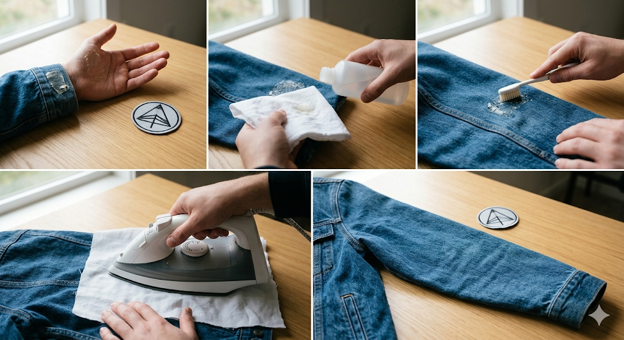 A collage showing removal of patch glue from a denim.