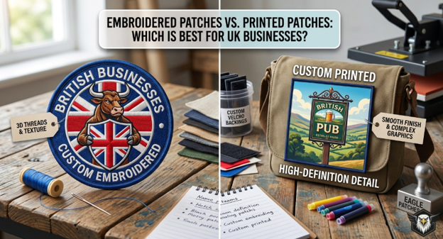 Embroidered and printed patches shown on a wooden table.
