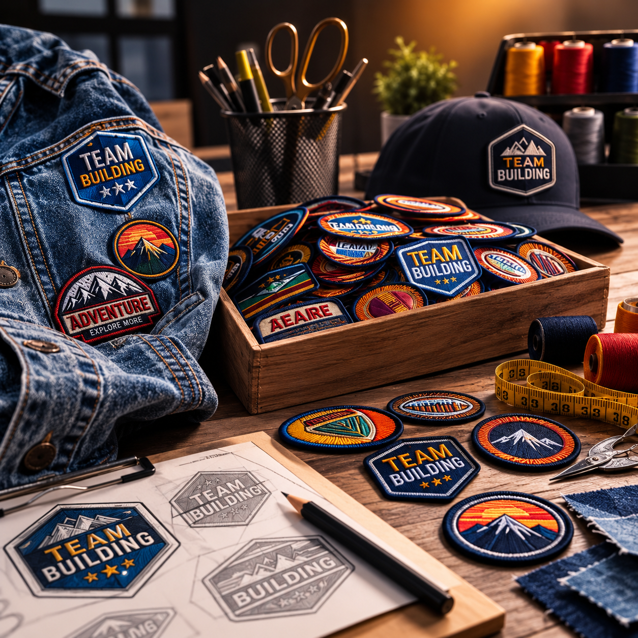 A collection of colorful embroidered “TEAM BUILDING” patches scattered across a rustic wooden table, illuminated by warm sunlight.