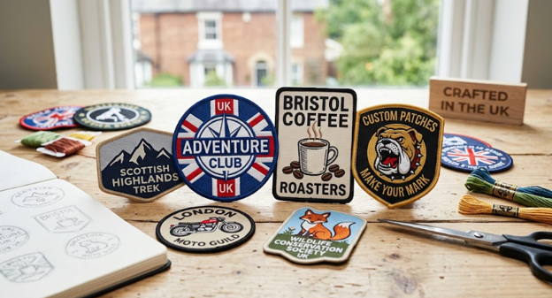 Custom embroidered patches displayed on a wooden table with a pair of scissors, thread rolls, and a notebook with the patch design sketches.