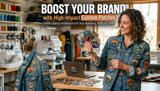 A woman standing in a patch-making facility holding custom patches for branding.