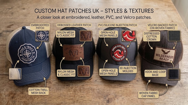 Flat lay diagram of four hats with custom embroidered, debossed leather, PVC and Velcro patches.