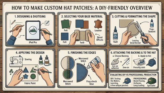 Infographic with six panels on making custom hat patches, from design to application. It describes steps such as digital sketching, painting, finishing stitches..