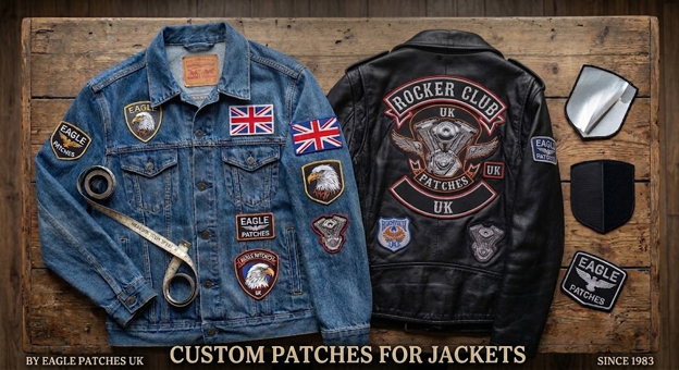 Overhead photograph of a dark denim jacket and a black leather biker jacket, both adorned with various custom-embroidered patches and laid flat on a rustic wooden table.