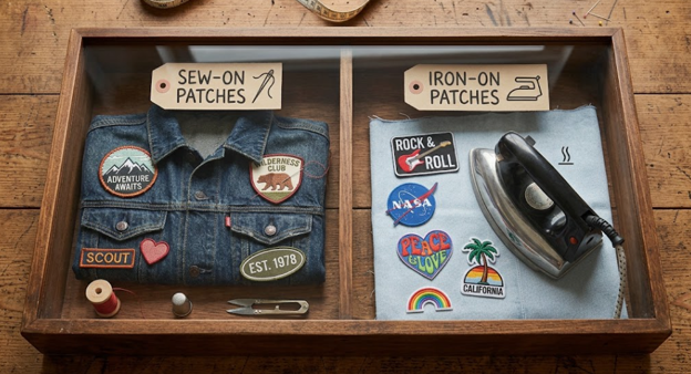 A shadow box display kept on a wooden table with sew on and iron on patches in separate compartments.