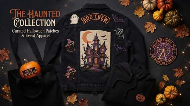 Custom Halloween patches on a black denim jacket with ghost, pumpkin, bat and personalised event badge designs